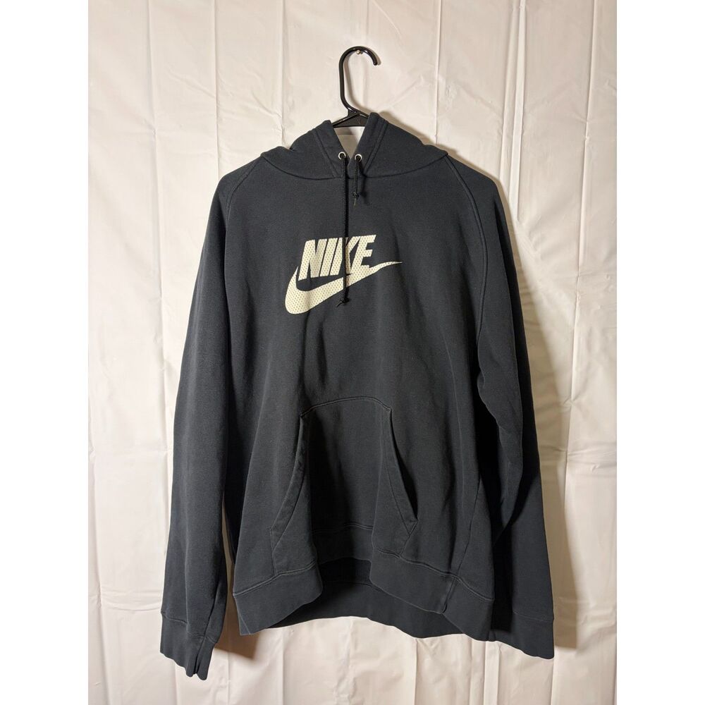 Y2K Nike Center Swoosh Hoodie Mens Large Black Mesh Swoosh Pullover Sweatshirt